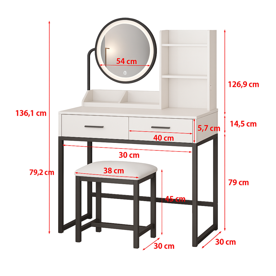 Елегантна бяла тоалетна маса с LED огледало, чекмеджета и табу
