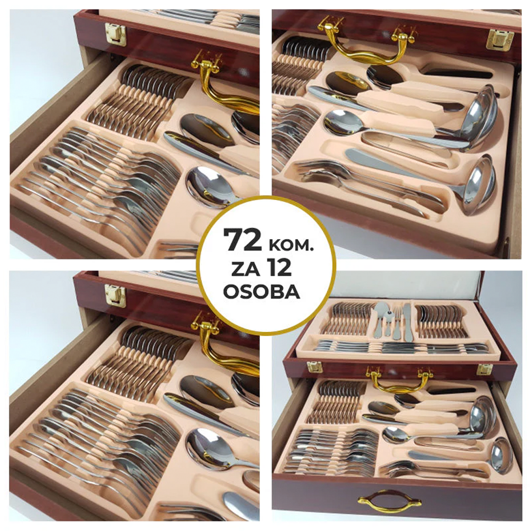 72 ЧАСТИ ПРИБОРИ ЗА 12 ЧОВЕКА В ДЪРВЕНА КАЛЪФКА