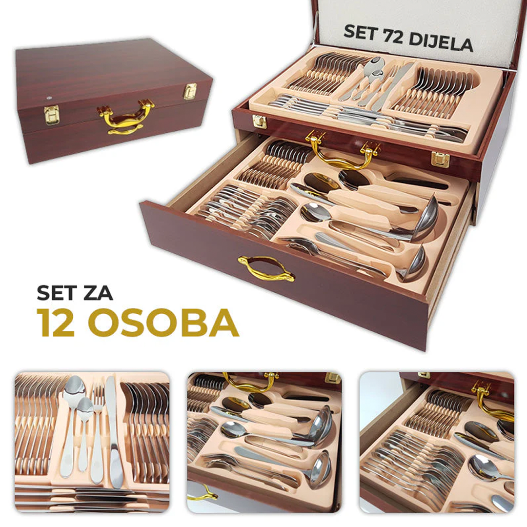 72 ЧАСТИ ПРИБОРИ ЗА 12 ЧОВЕКА В ДЪРВЕНА КАЛЪФКА