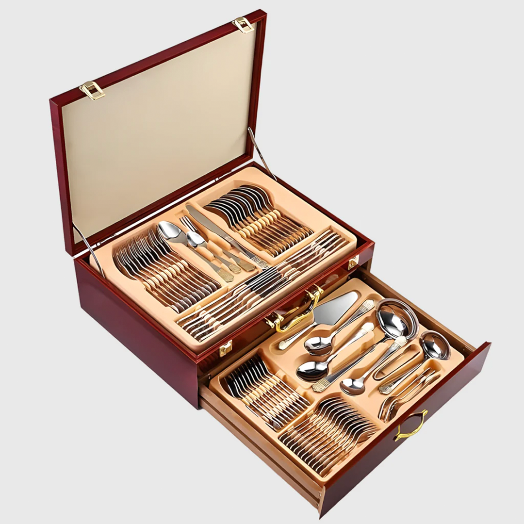 72 ЧАСТИ ПРИБОРИ ЗА 12 ЧОВЕКА В ДЪРВЕНА КАЛЪФКА