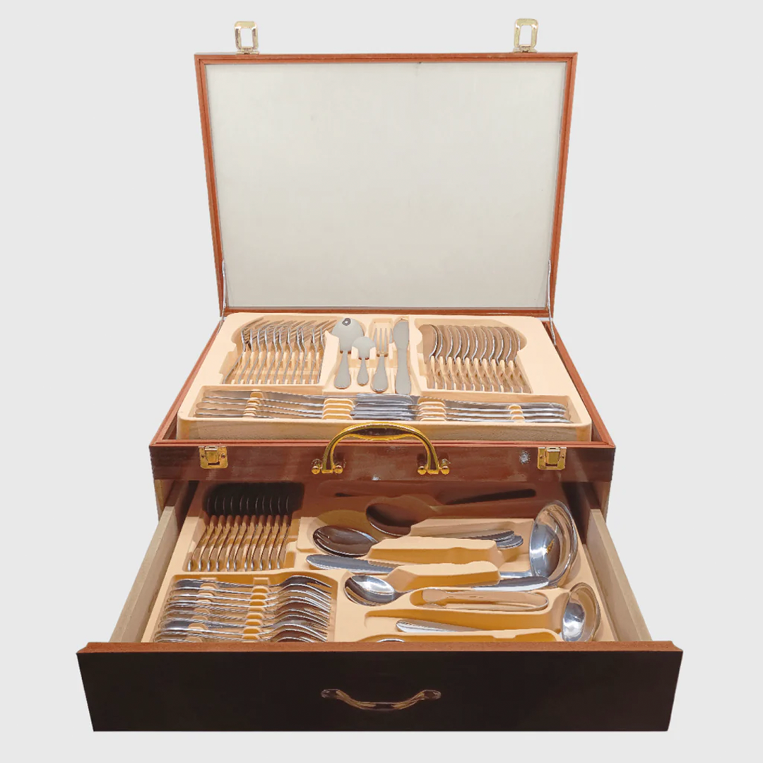 72 ЧАСТИ ПРИБОРИ ЗА 12 ЧОВЕКА В ДЪРВЕНА КАЛЪФКА