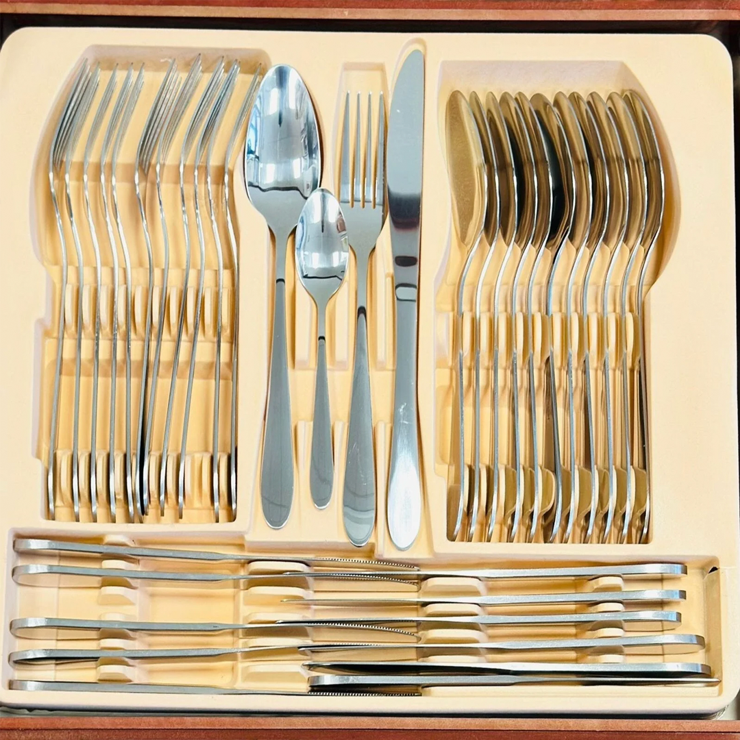 72 ЧАСТИ ПРИБОРИ ЗА 12 ЧОВЕКА В ДЪРВЕНА КАЛЪФКА