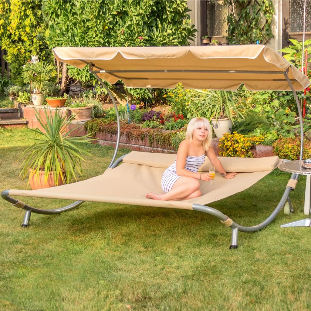 Двоен външен шезлонг с балдахин и възглавници
