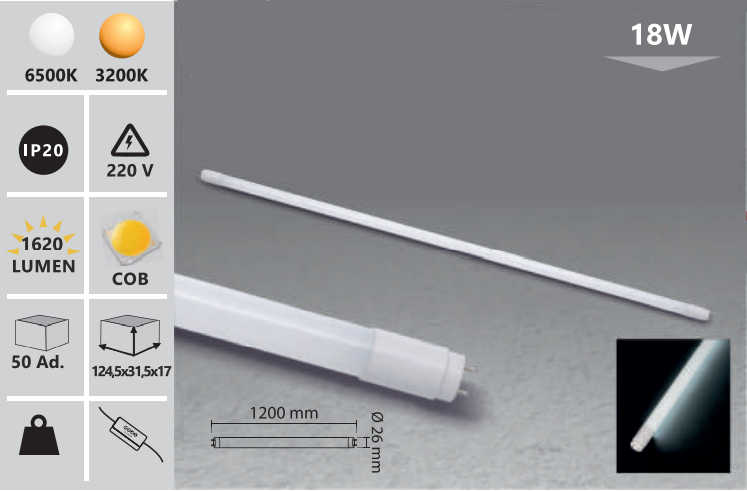 LED тръба 6500 k бяла 120 cm 18W